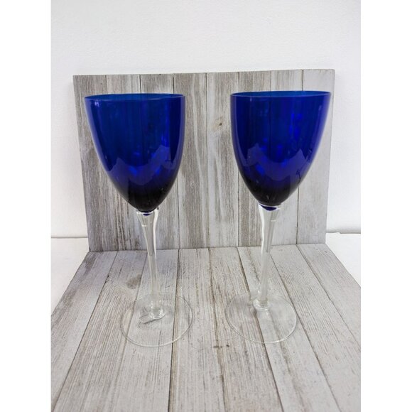Vintage Set of 2 Hand Blown Cobalt Blue With Clear Stem Wine Glasses 10" - Picture 1 of 5